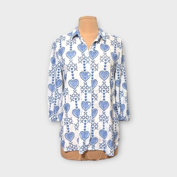 Johnny Was Shell Embroidered Blouse S White Blue Collared EUC - Picture 3 of 8